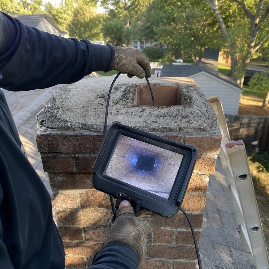 Professional technician performing a chimney inspection using a digital camera system.