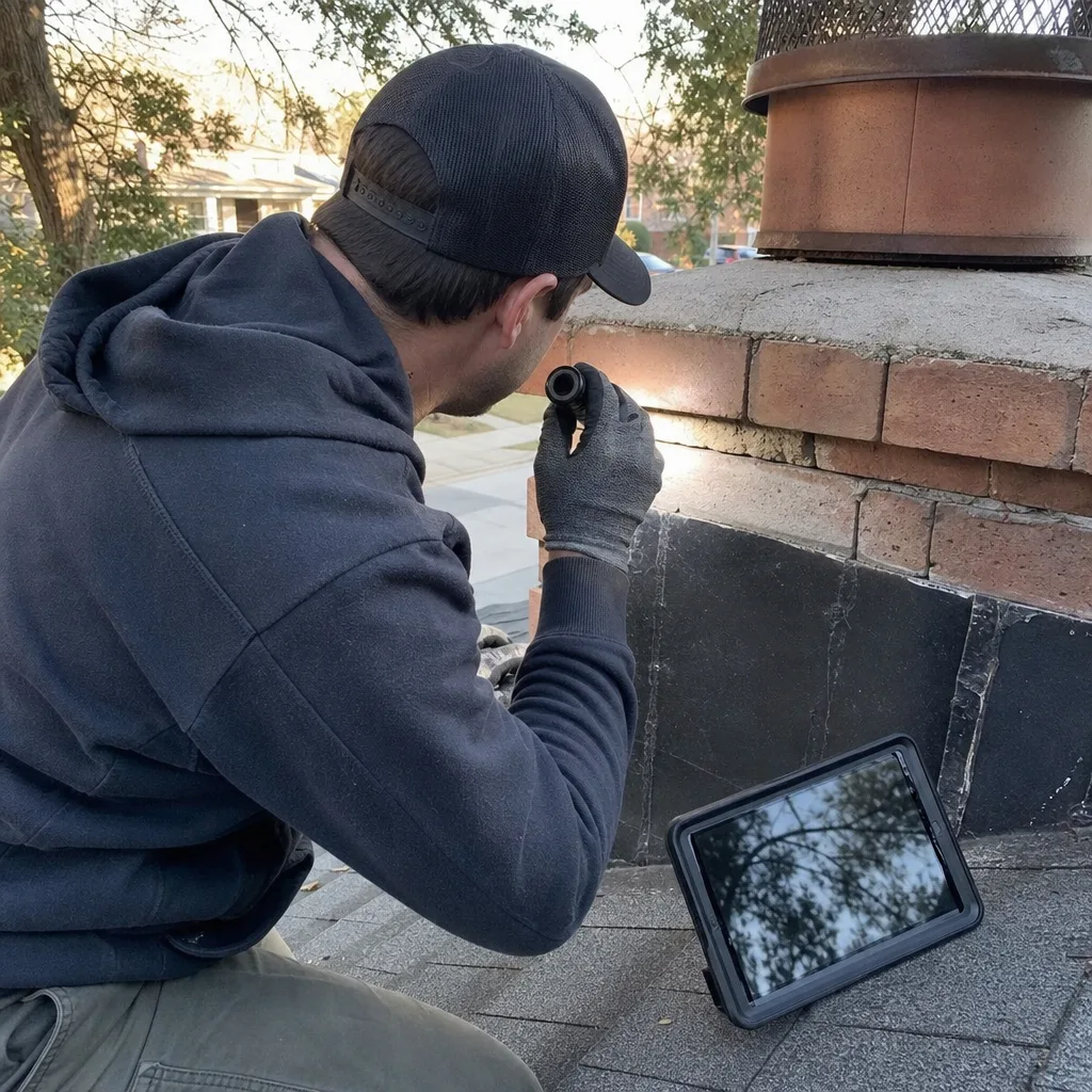 Chimney professional inspecting brick masonry on a roof using a flashlight