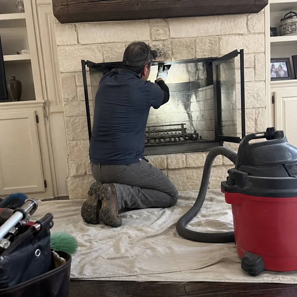 Professional chimney sweep performing a detailed fireplace inspection and cleaning service.