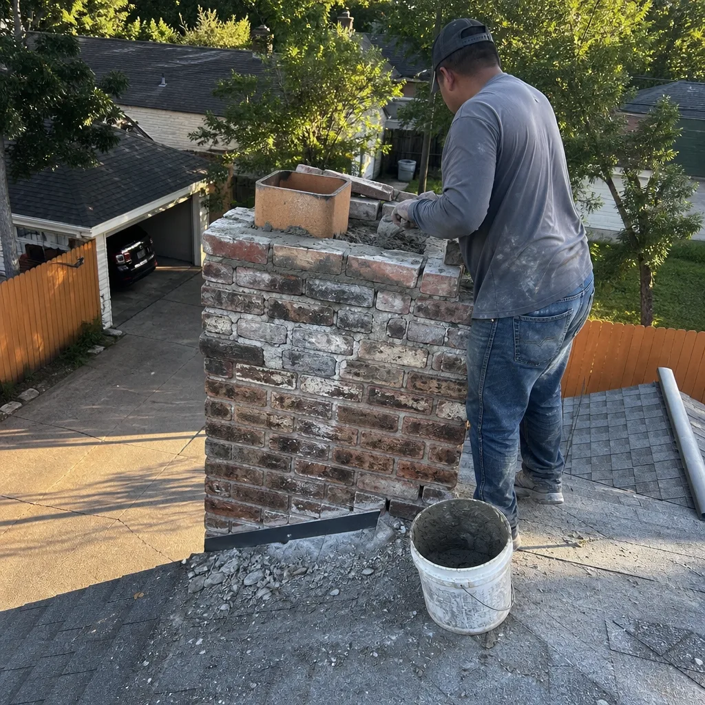Professional mason performing brick chimney repair and mortar work on a roof