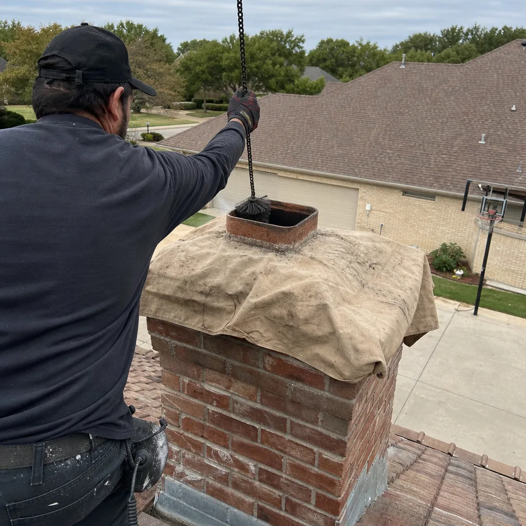 Professional chimney sweep cleaning a brick chimney from a rooftop.