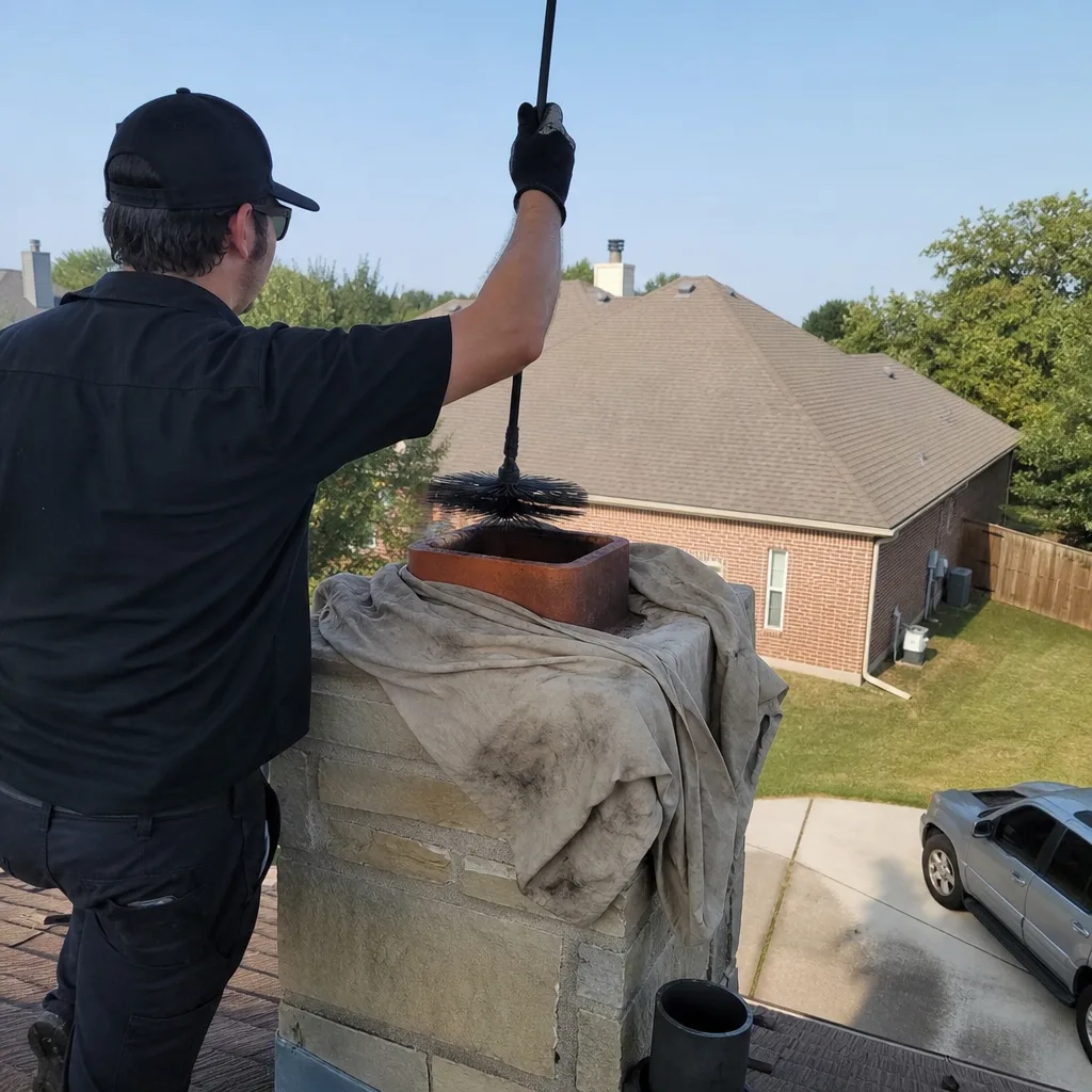 Professional chimney sweep cleaning a chimney stack on a residential roof
